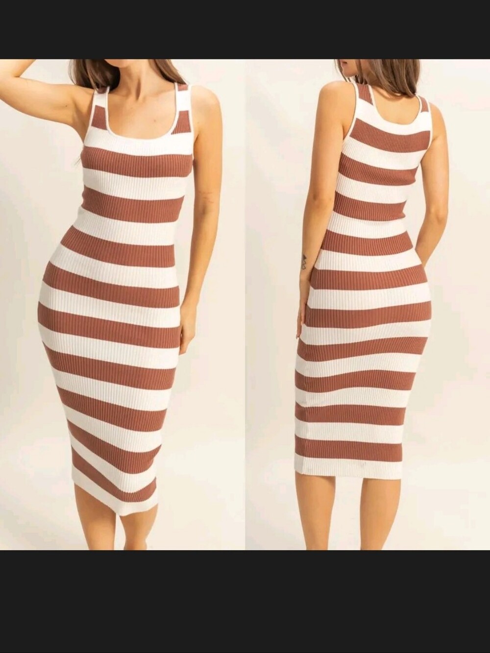 Hyfve Ribbed Bodycon White And Brown Striped Dress Sz Medium NWOT